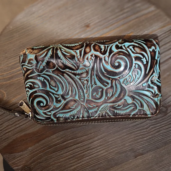 Patricia Nash Brown and Turquoise Embossed Clutch - Picture 1 of 4